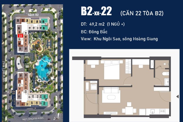 TÒA B2 | CĂN 21 | CĂN 22 (1 NGỦ+ / 49,2m2) BC: ĐÔNG BẮC