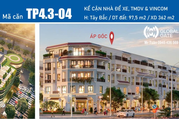 TP4.3-04 SHOPHOUSE ĐƯỜNG THÀNH PHỐ, KẾ CẬN NHÀ ĐỂ XE, TMDV VÀ VINCOM