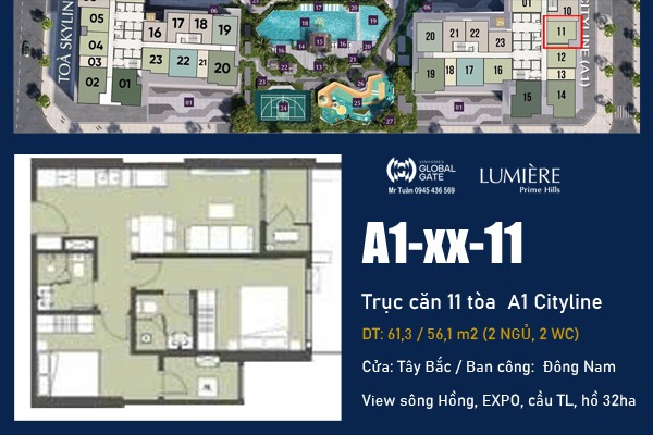 TRỤC CĂN 11 TÒA A1 Cityline (2 NGỦ, VIEW EXPO) LUMIÈRE Prime Hills CỔ LOA