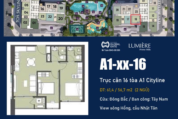 TRỤC CĂN 16 TÒA A1 Cityline (2 NGỦ VIEW SÔNG HỒNG) LUMIÈRE Prime Hills CỔ LOA