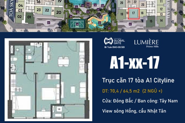 TRỤC CĂN 17 TÒA A1 Cityline (2 NGỦ+ VIEW SÔNG HỒNG) LUMIÈRE Prime Hills CỔ LOA