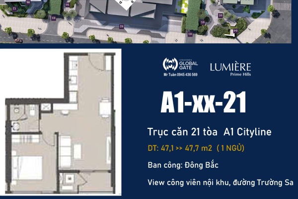 TRỤC CĂN 21 TÒA A1 CITYLINE (1 NGỦ, VIEW ĐƯỜNG TRƯỜNG SA)